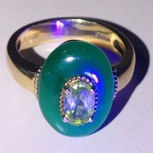 Oval Gemstone Ring Size 9 Drk Green 925 Sterling Silver Yellow Gold Plated Stamp